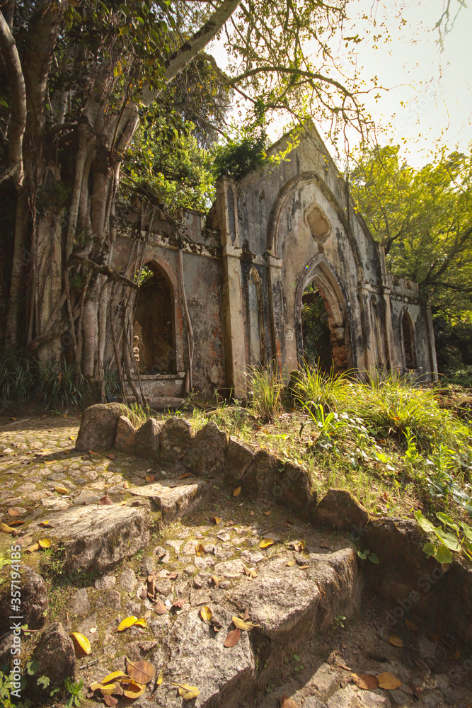 Old chapel ruins in a forest covered by vegetation. Sintra Portugal