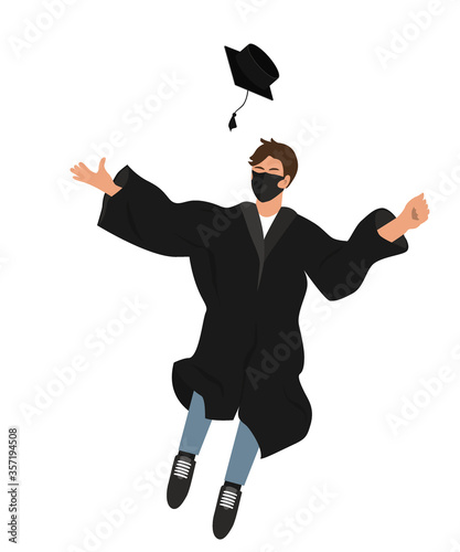 Happy graduate student in medical mask and graduation clothing jumping and throwing the mortarboard high into the air. Flat vector illustration pattern isolated on white
