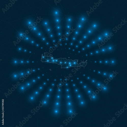 Crete digital map. Glowing rays radiating from the island. Network connections and telecommunication design. Vector illustration.