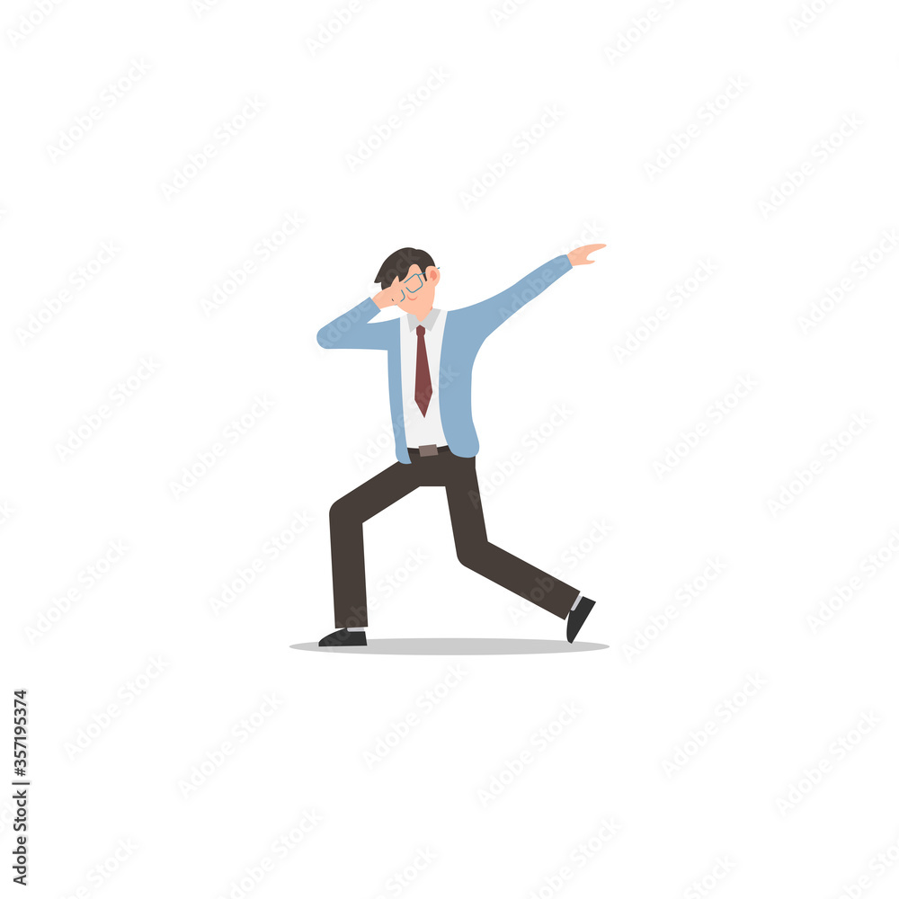 Cartoon character illustration of celebration pose and gesture. Happy young business man dabbing. Flat design isolated on white.