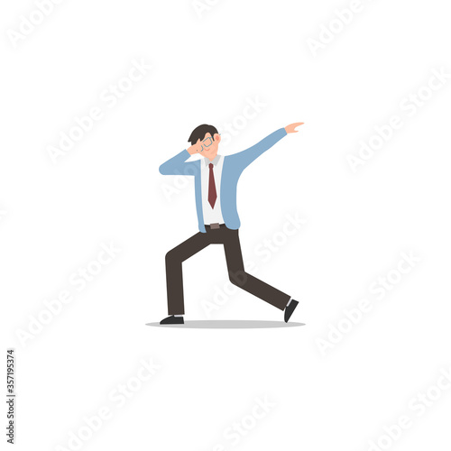 Cartoon character illustration of celebration pose and gesture. Happy young business man dabbing. Flat design isolated on white.