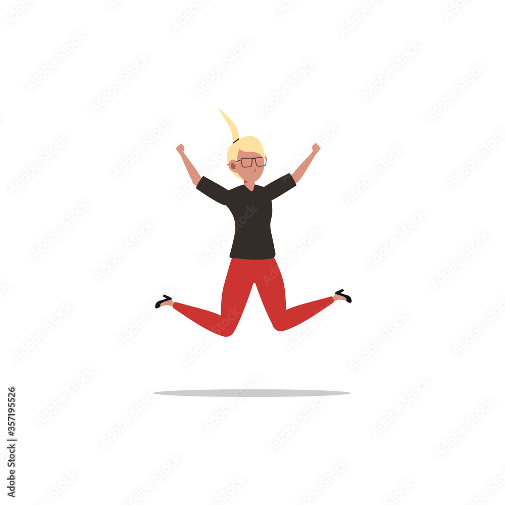 Cartoon character illustration of celebration pose and gesture. Happy young woman jumping in the air. Flat design isolated on white. Cartoon character illustration of celebration pose and gesture. Happy young woman jumping in the air. Flat design isolated on white.