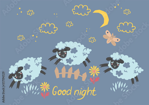 Slika na platnu A poster of cute sleepy lambs jumping over a fence