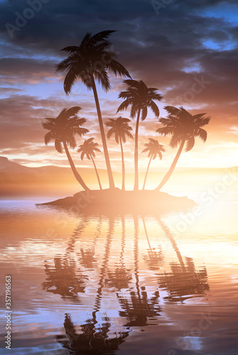Fototapeta Naklejka Na Ścianę i Meble -  Empty tropical background of night sea beach. Silhouettes of tropical palm trees on a background of bright sunset. 3d illustration
