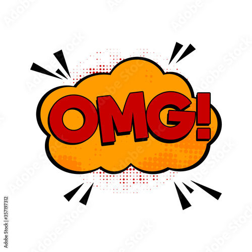 Comic speech bubble with emotion and text. OMG! text. Vector bright dynamic cartoon illustration isolated on a white background.