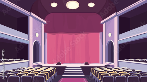 Empty theater hall. Stage with curtain.