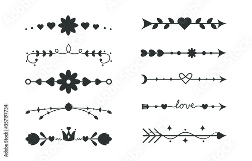 Collection of vintage decorative dividers. Set of text delimiters for your projects isolated on white background. Cute ornament with flower, arrow and heart. Vector illustration