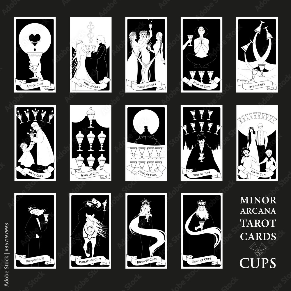 Minor Arcana Tarot cards. Cups From Ace to the figures of the Court