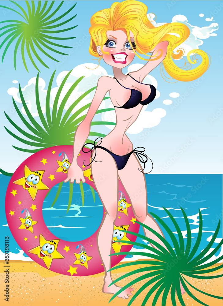 vector smiling pretty Blond girl with inflatable quarter on the sunny beach