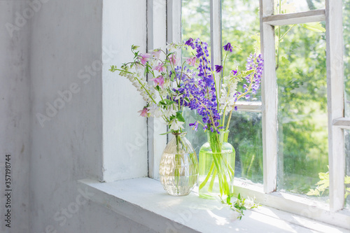 summer flowers in vase on windowsill in sunlight