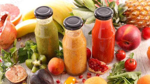 collectio of fresh fruit juice in bottle