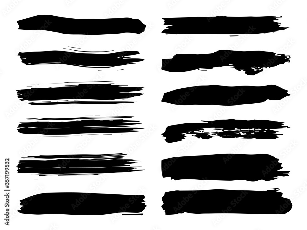 Collection of artistic grungy black paint hand made creative brush stroke set isolated on white background. A group of abstract grunge sketches for design education or graphic art decoration