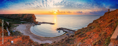 Tablou canvas Coastal landscape, panorama - top view of the sunrise in the Bolata cove on the