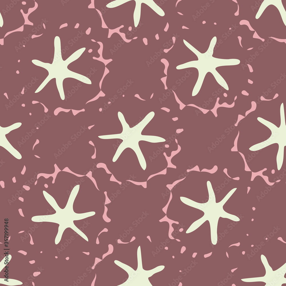 Conceptual moon crater and stars vector seamless pattern background. Naive style hand drawn celestial asteroids mint green maroon backdrop. Modern all over print of space objects in universe Conceptual moon crater and stars vector seamless pattern background. Naive style hand drawn celestial asteroids mint green maroon backdrop. Modern all over print of space objects in universe
