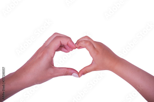 Love heart in hand. Hand of mother and child making heart shape together on white background. World humanitarian day concept.