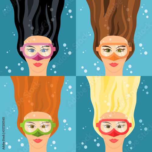 Girl with diving mask, four portraits collection, underwater vector illustration