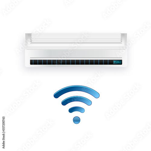 Split system air conditioner inverter. Cool and cold climate control system. Realistic conditioning with WiFi control over the Internet. Vector illustration
