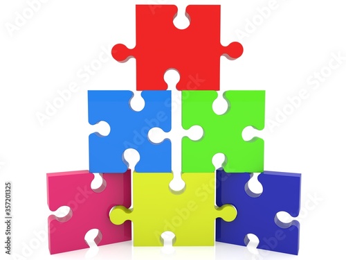 Six pieces of puzzles of different colors are stacked in a pyramid