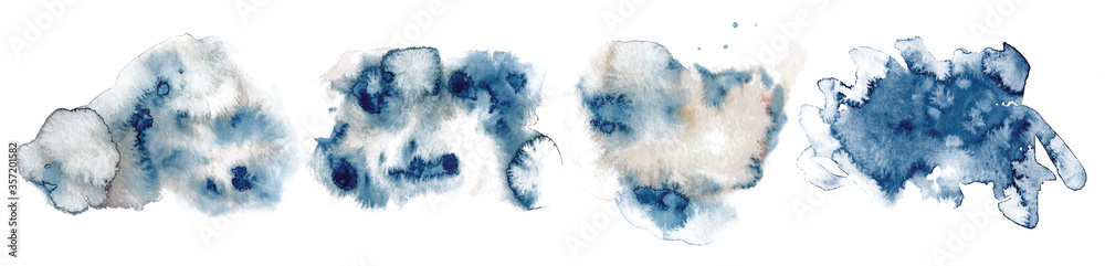 Abstract watercolor classic blue shapes on white background. Color splashing hand drawn vector - obrazy, fototapety, plakaty 