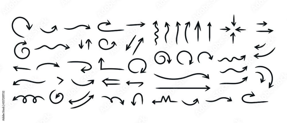 Doddle arrow set, collection of hand drawn arrows, vector set.