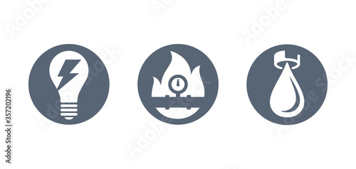 Technical building system icons set - electricity (lamp), gasification (gas pipe and pressure gauge) and water supply (drop from faucet) - vector signs for site architectural plan