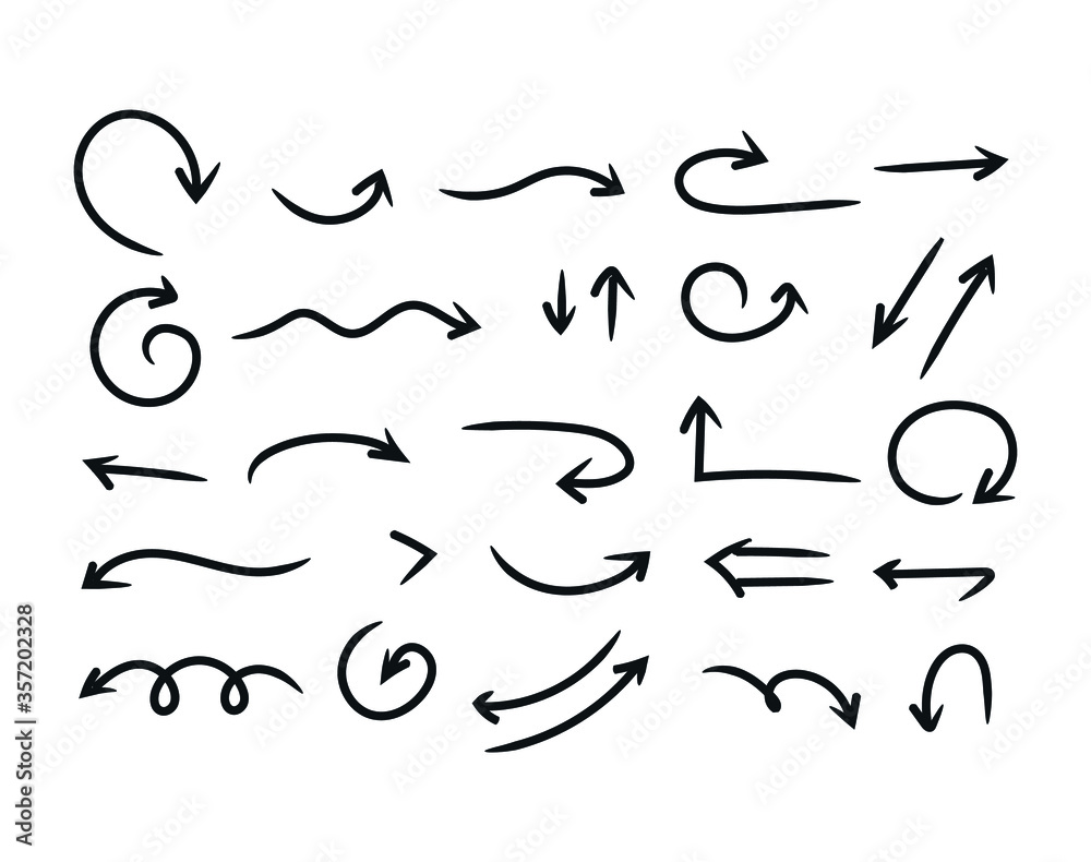 Doddle arrow set, collection of hand drawn arrows, vector set.