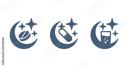 Soporific icon - sleep disorder healing  drugs - isolated monochrome emblem in 3 variations - moon with pill or capsule or syrup - medical pharmaceutical sign