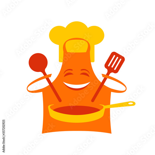 Cooking logo - funny cartoon kitchen apron in chef hat holding kitchenware  and skillet - isolated vector flat logo design