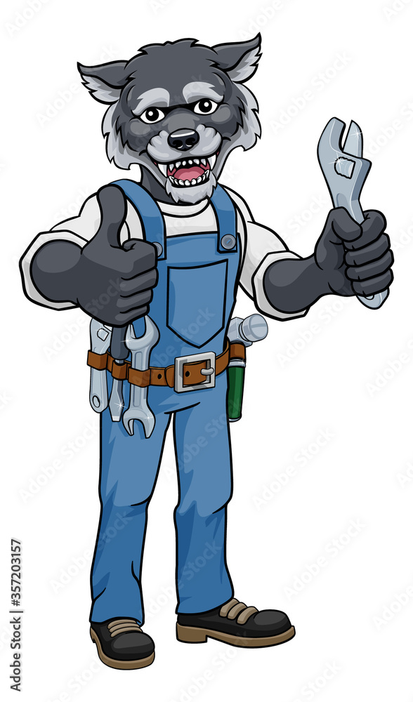 A wolf cartoon animal mascot plumber, mechanic or handyman builder construction maintenance contractor holding a spanner or wrench and giving a thumbs up A wolf cartoon animal mascot plumber, mechanic or handyman builder construction maintenance contractor holding a spanner or wrench and giving a thumbs up