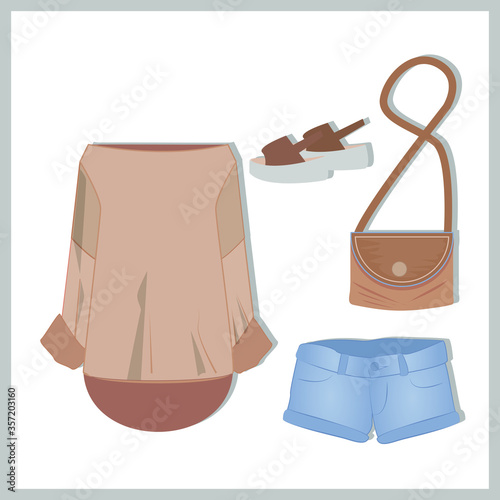 Summer set of clothing and accessories. Jacket, bag, shoes, shorts