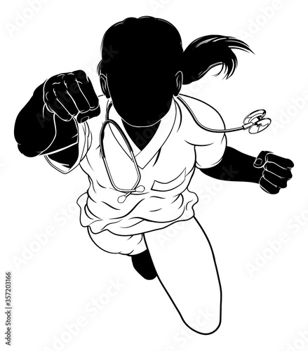A doctor or nurse super hero woman in silhouette flying wearing hospital medical scrubs.