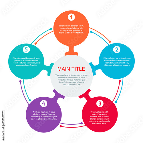 Infographic template  - 5 steps (points) with colorful circular options fragments connected to each other by lines and sample text - vector chart