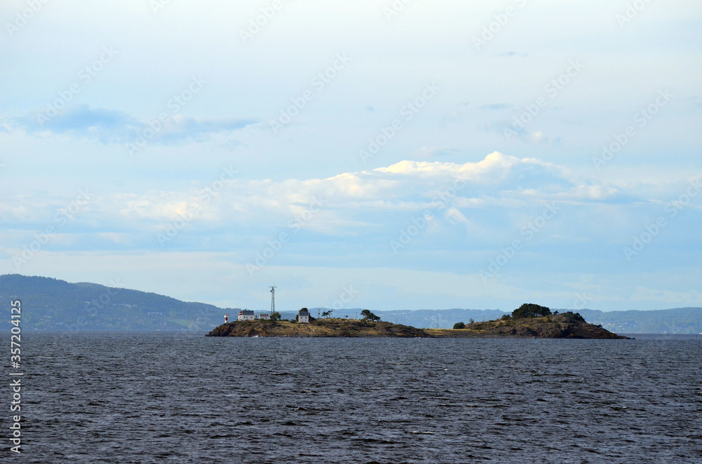 Oslofjord. View of the North Sea from Ferry from Horten to Moss connects Ostfold and Vestfold in Norway. Ferry crossing Oslofjord