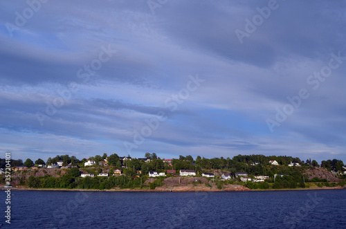 Oslofjord. View of the North Sea from Ferry from Horten to Moss connects Ostfold and Vestfold in Norway. Ferry crossing Oslofjord