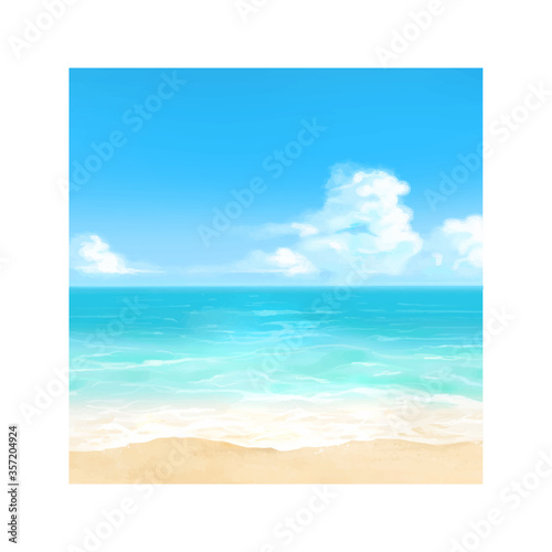 Vector illustration of tropical beach in daytime. Hand painted watercolor background.