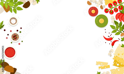 Products for pizza mushroom making. Vector flat illustrations. Top view. Make your pizza.
