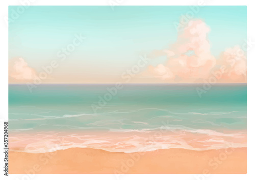Vector illustration of tropical beach in morning. Hand painted watercolor background.