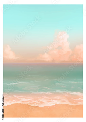 Vector illustration of tropical beach in morning. Hand painted watercolor background.