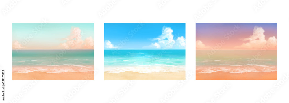 Vector illustrations of tropical beach in various scenes. Hand painted watercolor background.