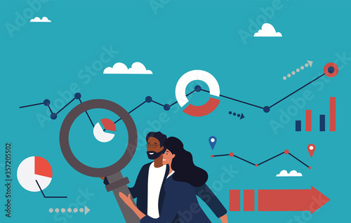 Analytics team with abstract background of business charts and magnifying glass over a blue background, colored vector illustration
