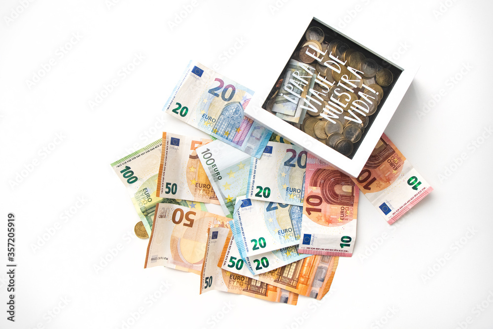 European currency money euro banknotes, credits, leasing.  Save money on travel, white background