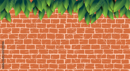 Red brick wall with green leaves pattern for tool shop, DIY store, garden center or plant owner promo, decoration, web site. Old ancient or aged rectangle bricks for poster on house facade decoration