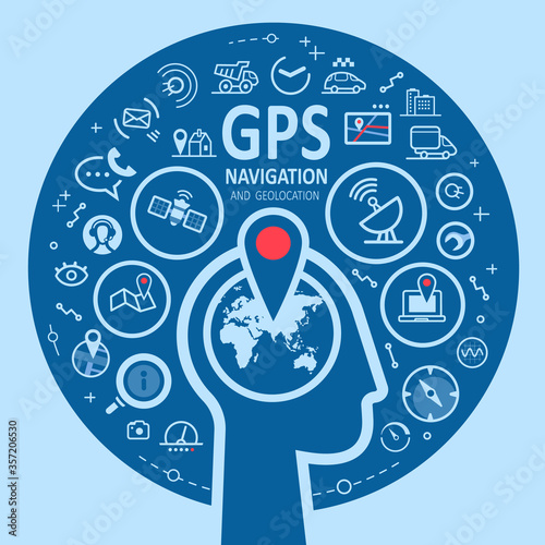 GPS navigation and geolocation. The design concept flat icons in circular composition, Earth and geotag inside a human head.