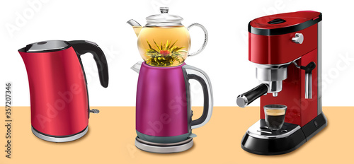 Vector illustration set of red coffee machine with cup of coffee, red kettle and traditional Turkish kettle with teapot isolated on white background