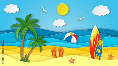 Sea landscape with beach, surfboard, waves, clouds, Flipflops shoe. Paper cut out digital craft style. abstract blue sea and beach summer background with paper waves and seacoast. Vector illustration