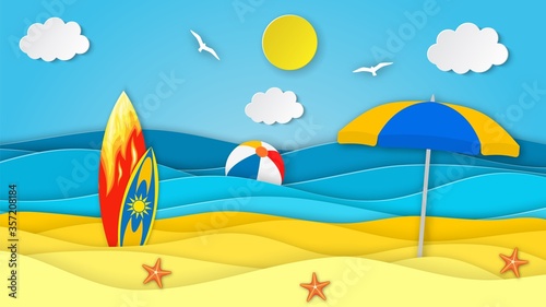 Sea landscape with beach, surfboard,umbrella, waves, clouds. Paper cut out digital craft style. abstract blue sea and beach summer background with paper waves and seacoast. Vector illustration