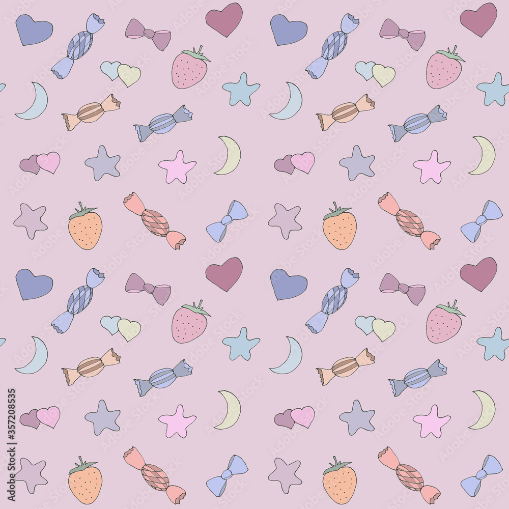 Seamless pattern with candies, hearts, moons, stars and strawberries on a pink isolated background. Great for pajamas textile and wrapping paper. Comfortable and cozy artwork. Seamless pattern with candies, hearts, moons, stars and strawberries on a pink isolated background. Great for pajamas textile and wrapping paper. Comfortable and cozy artwork.