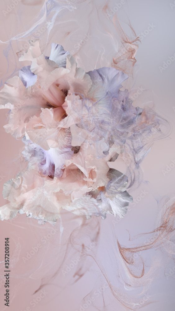 Fototapeta premium Abstract flower background with color particles. Abstract flowers composition. Abstract background with flowers irises surrounded by particle flows.