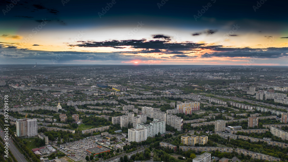 Evening city, sunset.