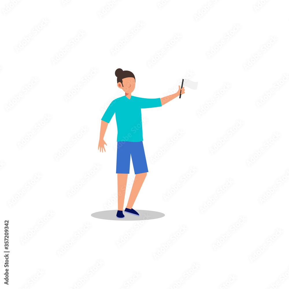 Cartoon character illustration of human action poses postures. Flat design of young man holding white flag concept isolated on white background.